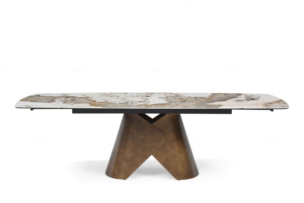 Captivating White Italian Ceramic Top Extendable High Gloss Dining Table With Brushed Copper Base