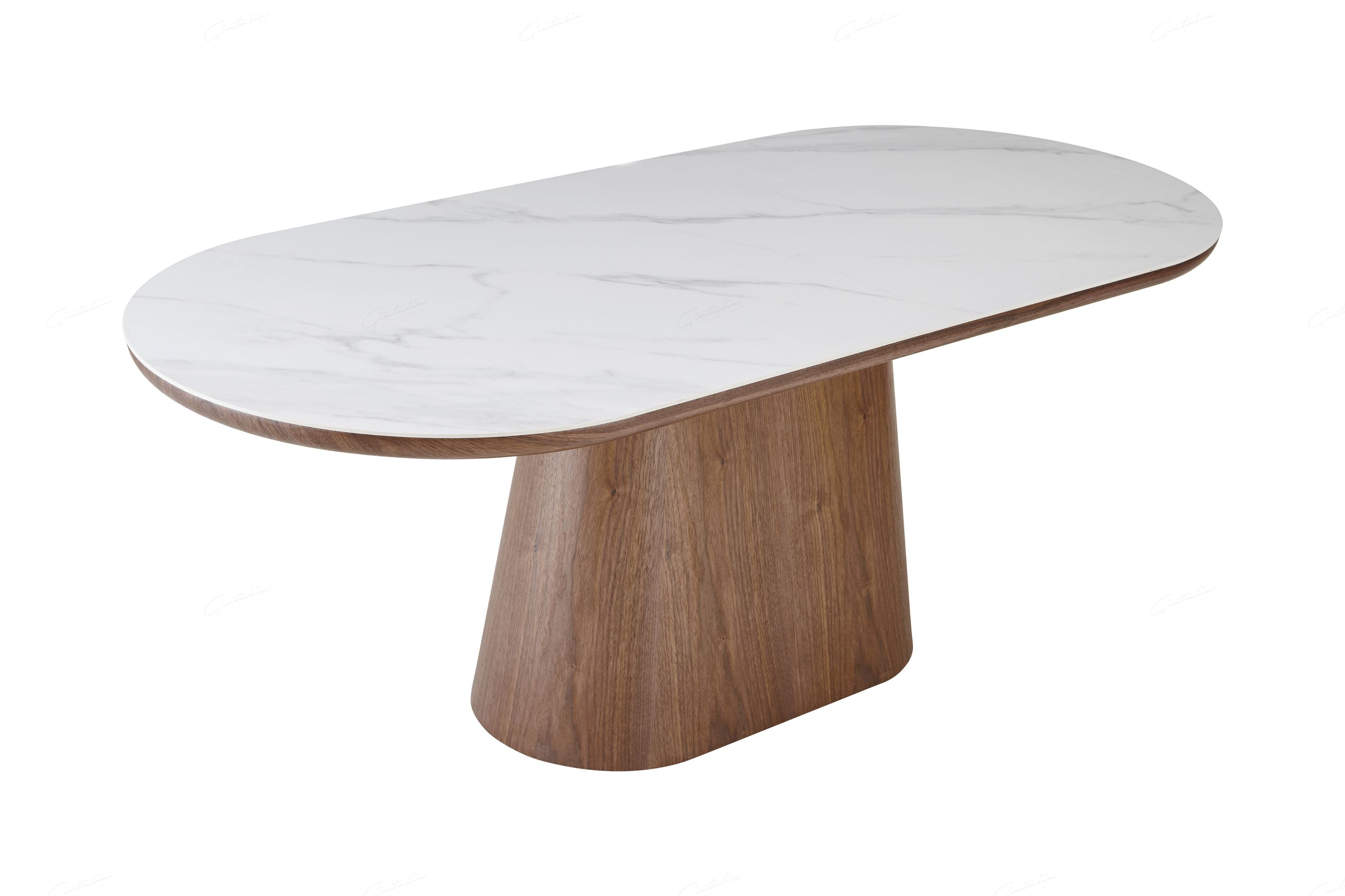 Blatant Oval White Marble And Walnut Sintered Stone Dining Table