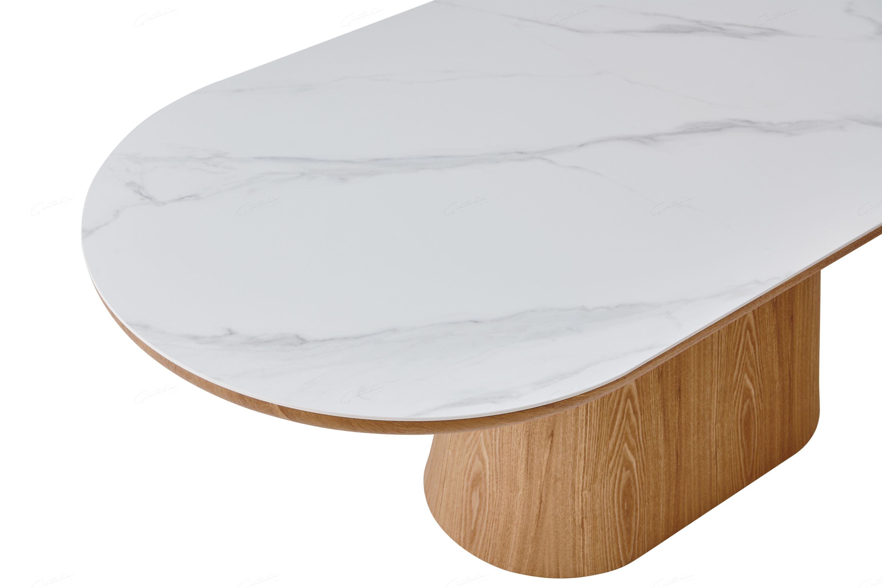 Blatant Oval White Marble And Beech Sintered Stone Dining Table