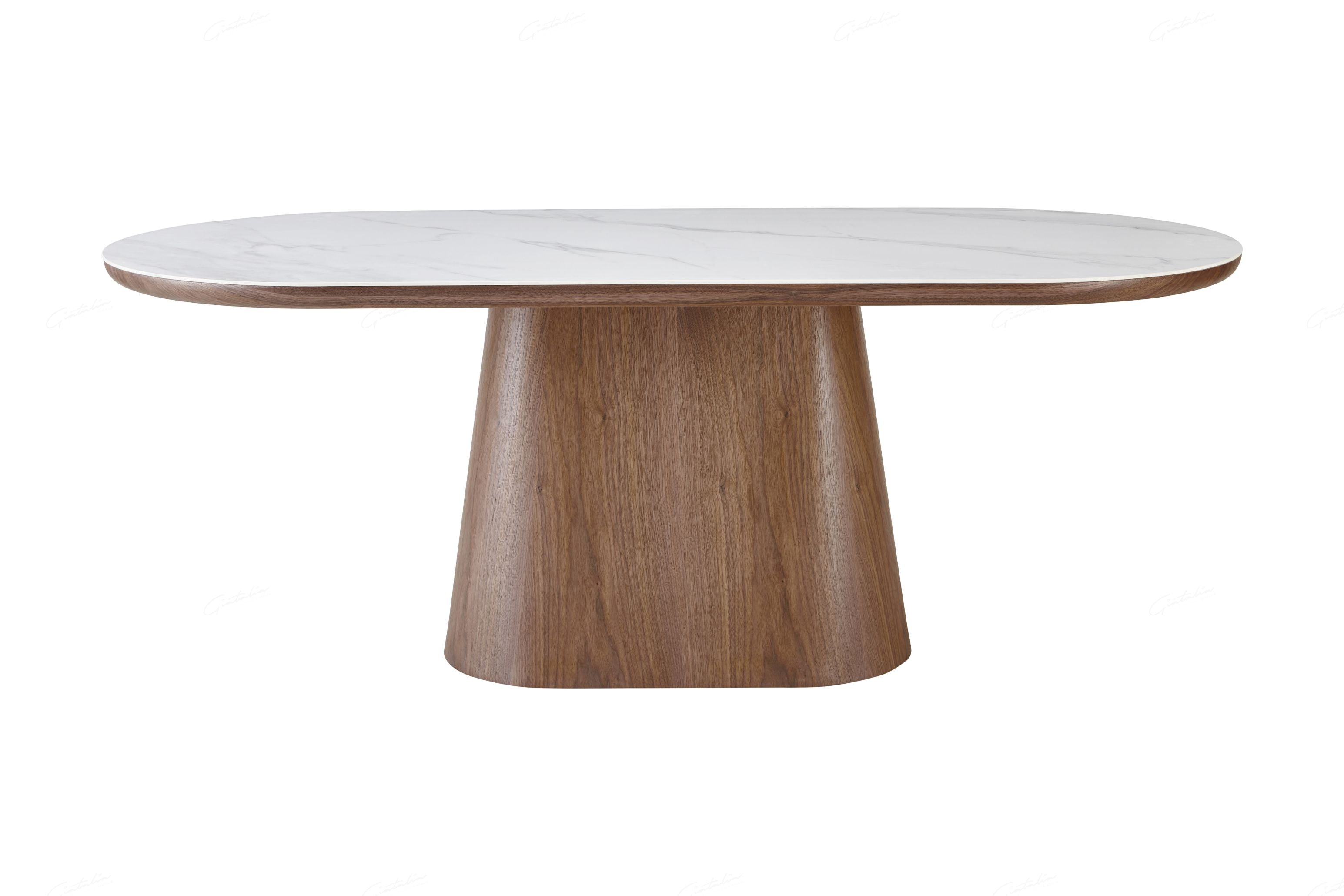 Blatant Oval White Marble And Walnut Sintered Stone Dining Table