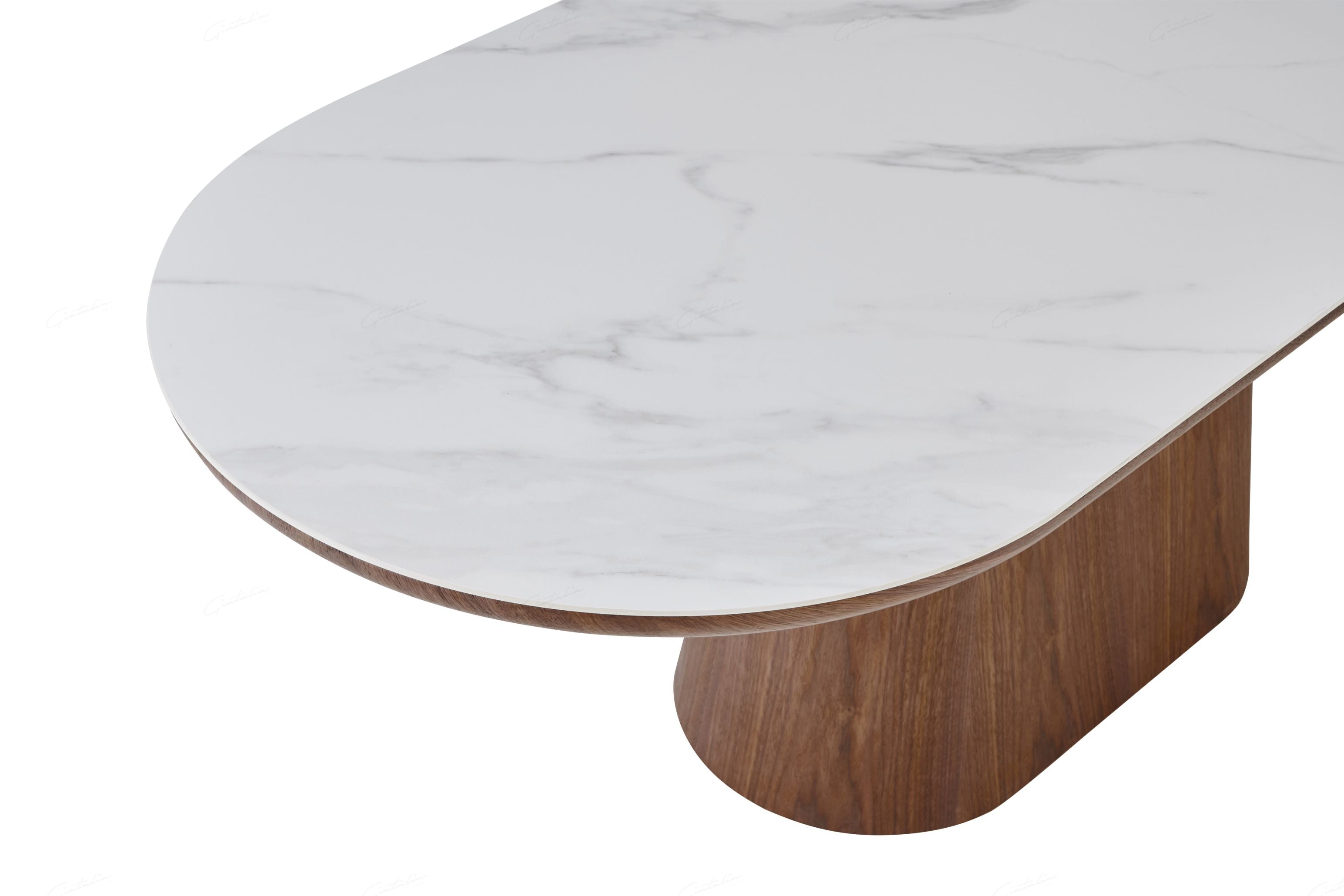 Blatant Oval White Marble And Walnut Sintered Stone Dining Table