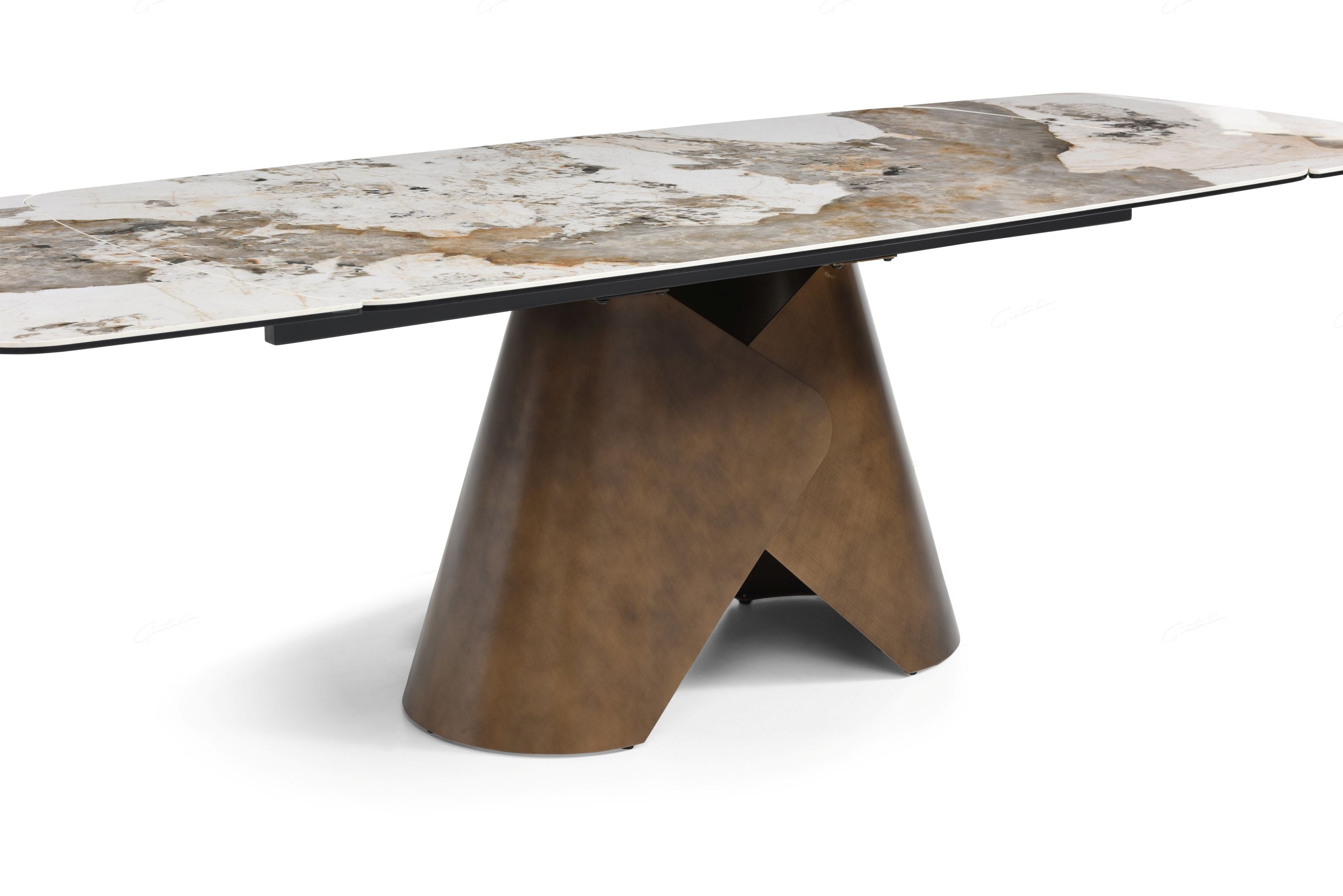 Captivating White Italian Ceramic Top Extendable High Gloss Dining Table With Brushed Copper Base