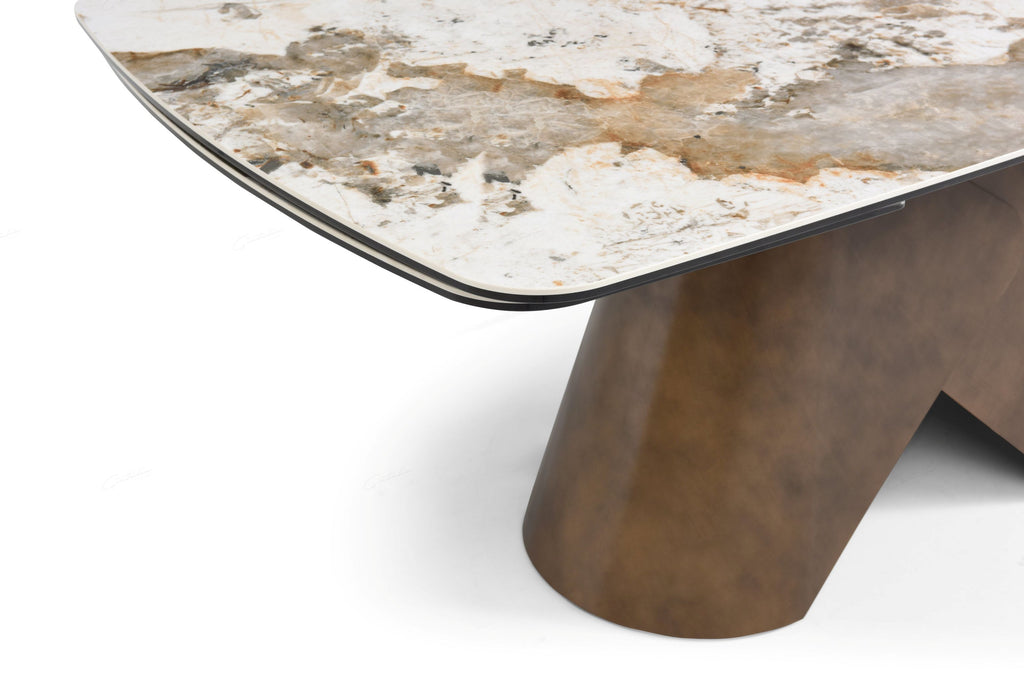 Captivating White Italian Ceramic Top Extendable High Gloss Dining Table With Brushed Copper Base