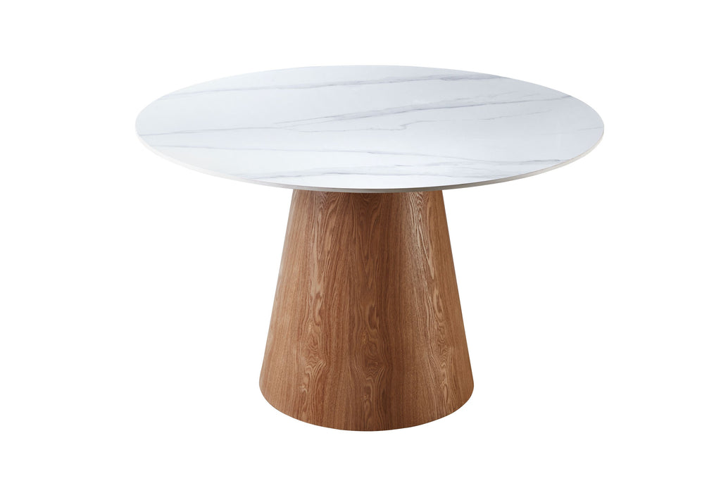 Pleasing Round Sintered Stone Dining Table – White Marble Look